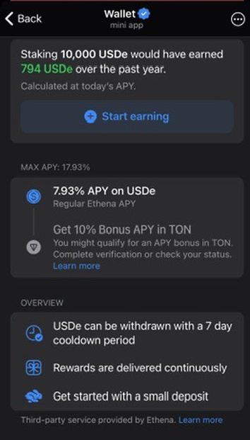 #crypto #defiUSDe staking 在 ton 链上的补贴活动开始了，目前17.93%APY1. 补贴前10,000 tsUSDe，相当于 单账号12,000 USDe2. Ethena 基础收益 7.93% + $TON 代币补贴 10%，补贴逐月递减到5%传送：