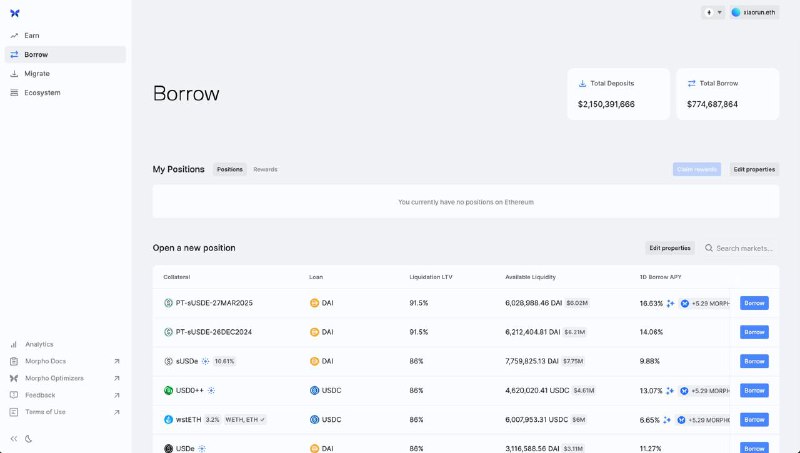 #crypto #defiMorpho 是一个致力于构建公共产品型金融基础设施的借贷协议，合约审计次数多，makedao投入了4亿DAI的流动性目前收益有3部分组成： 原生收益 + 三方提供的激励 + MORPHO代币奖励1. Earn：直接存入 USDT/USDC/DAI 等资产的 APY 有 15%-20%2. Borrow：抵押 PT-sUSDE/sUSDe 后借出 DAI 的 APY 有 10%-16%，可以采用循环出借的方式提升收益传送：