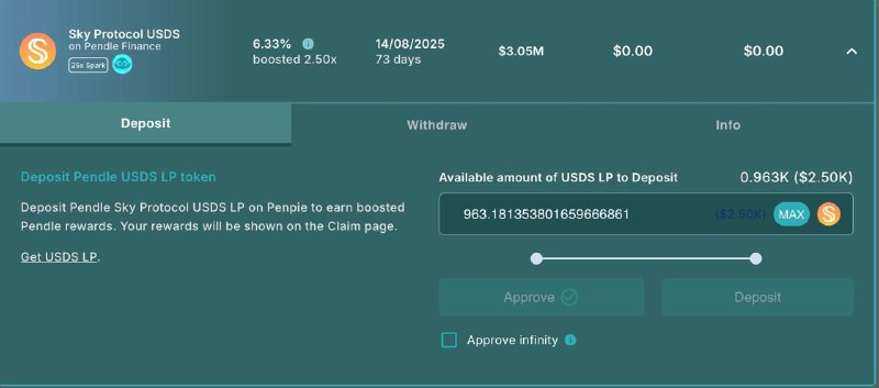 #crypto #defi #airdropSpark 积分活动开启，组 pendle LP 的 APY 有 7.471% + 25x 积分路径：1. spark 官网无损 convert USDS2. pendle 换成 USDS-LP 即可进阶：由于 LP 的 boosts 需要 vePendle才能达到 max，可以采用将 LP token 再质押给 penpie / equilibria 提升收益传送：