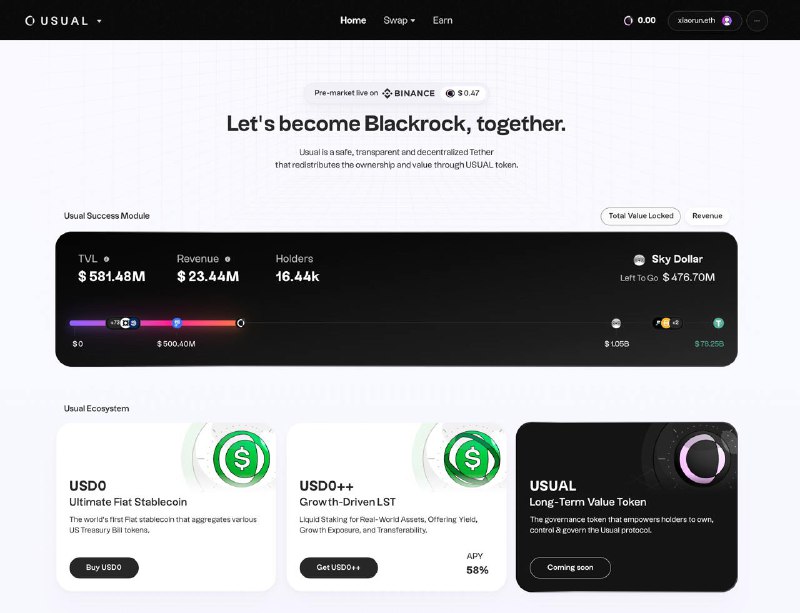 #crypto #defiUsual是欧洲第一家稳定币协议，目前TVL达580M，已上线Pendle/Morpho，运作机制主要有USD0和USD0++不同于Ethena的USDE是期现资金费收益，USD0是1:1 与短期美债挂钩的稳定币，USD0++是以美债利率保底收益的基础上，提供协议收入分红操作路径：1. USDC兑换（Swap）成USD02. USD0兑换（Stake）成USD0++获得Pills药丸积分的方式（空投$USUAL）：1. 直接持有USD0++（APY58%）2. Curve组LP（APY66%）3. Morpho借贷4. Pendle购买YT、PT或组LP传送：