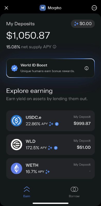#crypto #defiWrold App 集成 Morpho Lite 小程序版本，联合 Re7 Labs 提供 WLD/USDC.e/WETH 的 yield，目前 TVL 已超过 $13m，其中 USDC APY 约有 22.86%，8-12小时结算一次收益，在 merkl 上可以查看奖励路径：1. 走支持 World Chain 的 CCTP 跨链桥，可用 Across，然后在 World App 上存进 Morpho，World ID 认证用户收益有 boost 加成2. 走支持 World Chain 的 On-ramp 服务商，可用 Daimo Pay，然后同上3. 如果没有World ID，直接在 Oku 上 supply，不过没有 boost 进阶：1. 吃Morpho上Borrow的借款补贴，抵押物有WLD/WETH/BTC2. 吃低借高贷：bitget/bybit上借 WLD（活期2.1%，7天定期2.5%），直接提到World上存（APY有172.5%）传送：1. 
