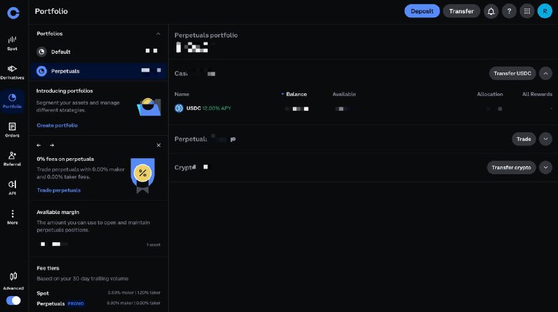 #crypto #cexCoinbase 的衍生品交易最近在做 promo：1. USDC 划转到 Perpetuals 即可享 12% APY2. 0% maker fee 和 0% taker fee 传送：