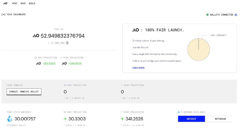 #crypto #defiArweave 上的 @aoTheComputer AO 质押挖矿，按 1 年算：1 stETH = 10.4163 AO1 DAI = 0.0100 AO传送：