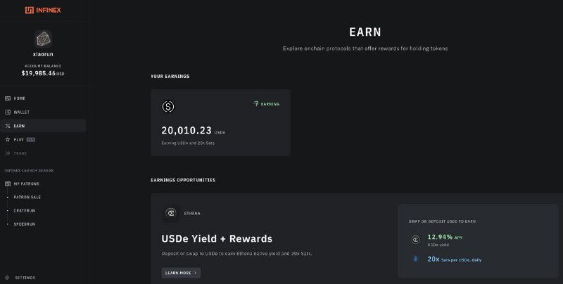 #crypto #defiInfinex 是由 Synthetix 创始人创建的，包含多链的非托管钱包，以及通过集成链上无许可协议等一系列 DeFi 项目的平台现在质押USDe有 12.94% APY + 20x Sats / day（Ethena Season 3）传送：1. 