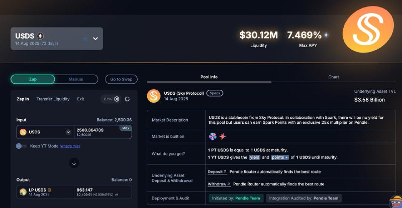 #crypto #defi #airdropSpark 积分活动开启，组 pendle LP 的 APY 有 7.471% + 25x 积分路径：1. spark 官网无损 convert USDS2. pendle 换成 USDS-LP 即可进阶：由于 LP 的 boosts 需要 vePendle才能达到 max，可以采用将 LP token 再质押给 penpie / equilibria 提升收益传送：
