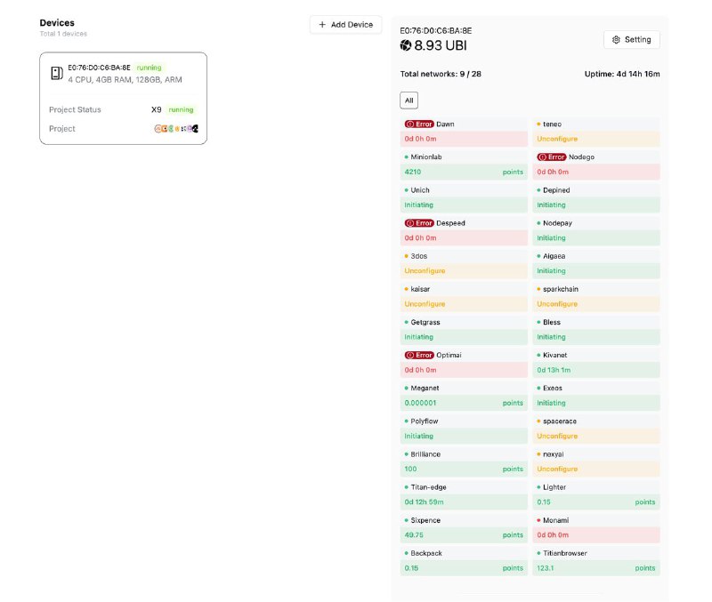 #crypto #nodeoperator #depinUBI Network 是个 DePIN 基础设施，可同时运行几十个独立节点
