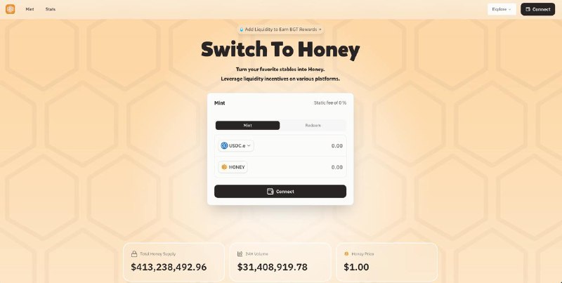 #crypto #defi berachain 挖矿，目前双稳定币对APR有19.52%步骤：1. 从EVM链上的 usdc 通过 jumper 跨到熊链上 usdc.e2. 在 honey 官网上一半 mint 成 honey（熊链上的RWA，redeem有万5的损耗，按目前APR一天即可cover）3. 在berahub 上组双边 LP4. 在 berahub 或者 infrared 上质押 LP token 赚取 BGT 收益传送：1. 