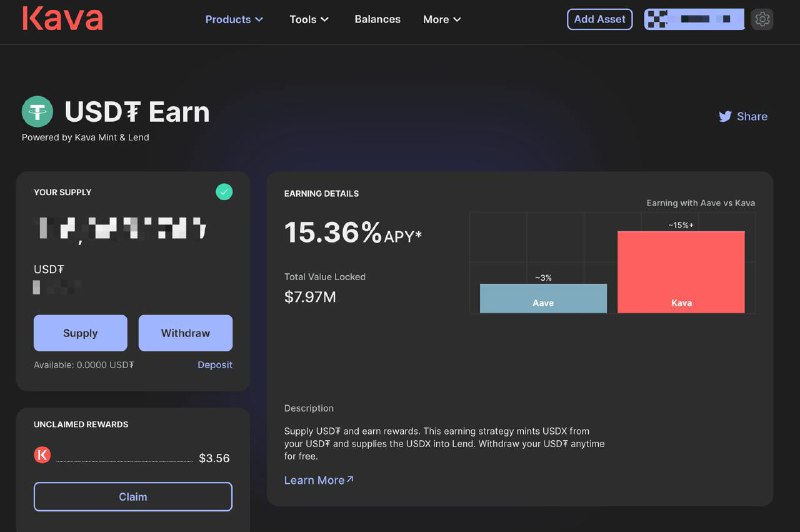 #crypto #defiKava 上的 USDT Earn 目前有15% APY收益策略是质押 USDT 来 mints USDX，再把 USDX 存入借贷池中传送：